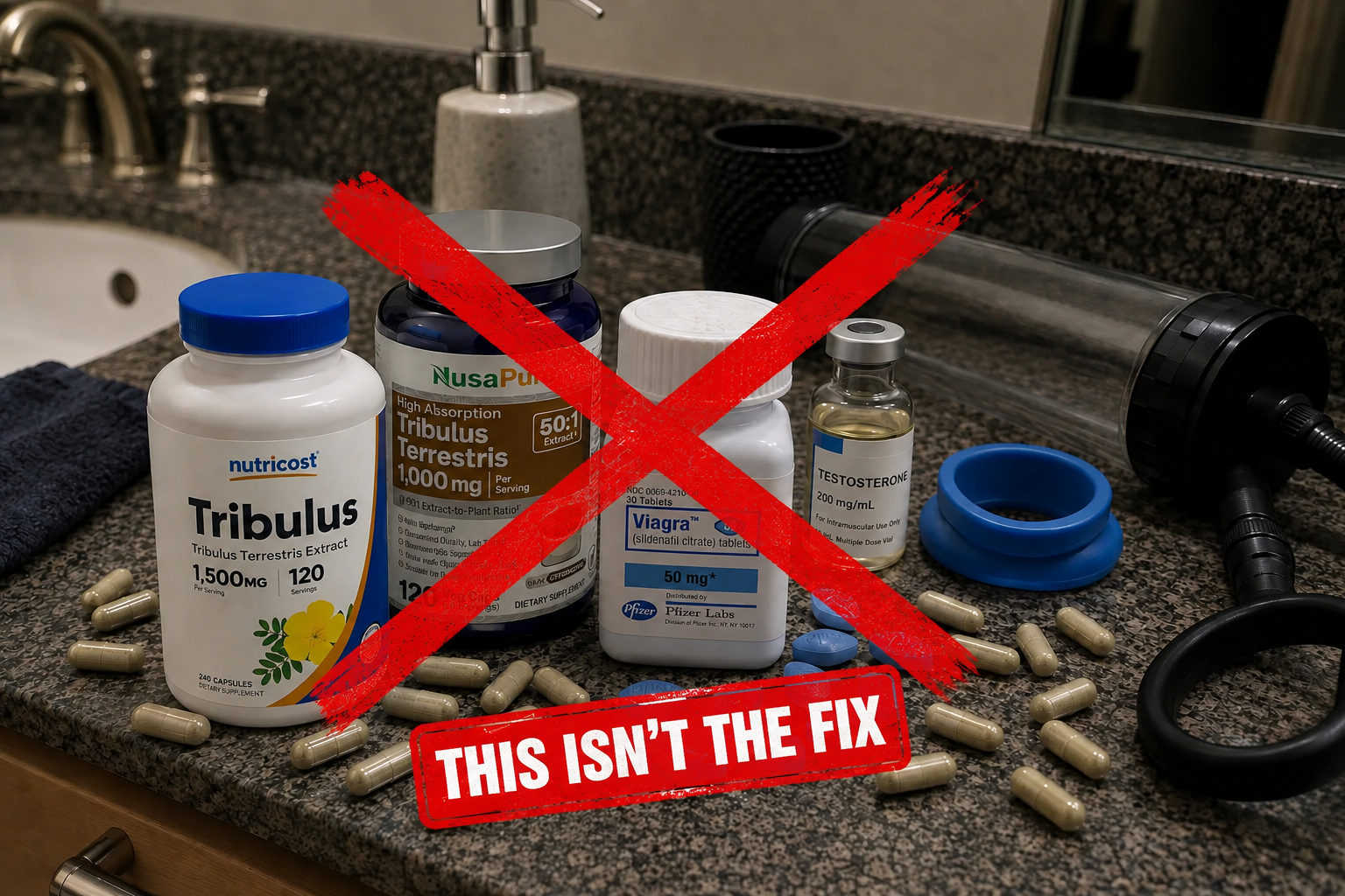 Pills, pumps and supplements marked with a red X and stamped "This isn't the fix"